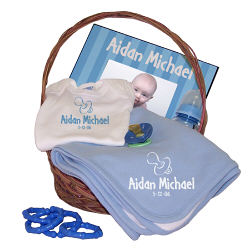 New Baby Boy Pacifier Blue Personalized Economy Gift Basket
